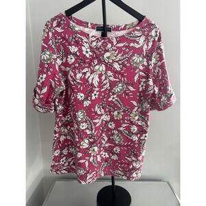 Karen Scott Woman 1X Pink Floral Cottagecore Soft Knit Short Sleeve Top